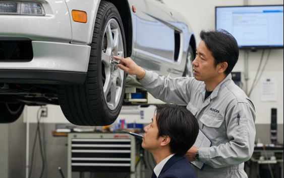 中古のホンダNSXを専門店の整備士が丁寧に点検している様子。