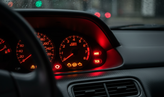 NSXの運転席のダッシュボードにある警告灯が点灯している様子