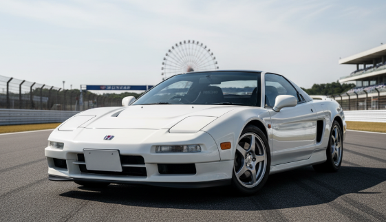 晴天のサーキットに佇むホンダNSX タイプSゼロのチャンピオンシップホワイトのボディ。背景には観覧車が見える。
