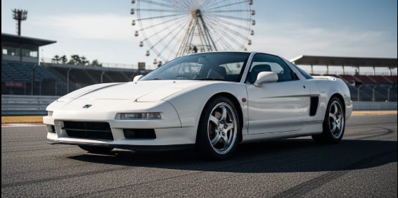 晴れた日のサーキットに停められたホンダNSX タイプSゼロ。背後には大きな観覧車が写っている。