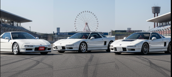  サーキットのスタートラインに並ぶ3台の白いホンダNSX。左からNSX-R (NA1)、NSX タイプS (NA2)、NSX タイプSゼロ (NA2) が並び、それぞれの特徴を比較できる。