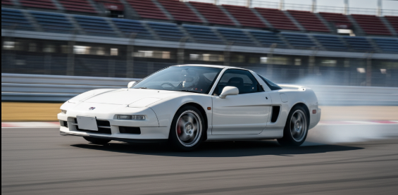白いホンダNSX タイプSゼロがサーキットのコーナーを駆け抜け、タイヤから白煙が上がっている瞬間。背景には観客席が見える。