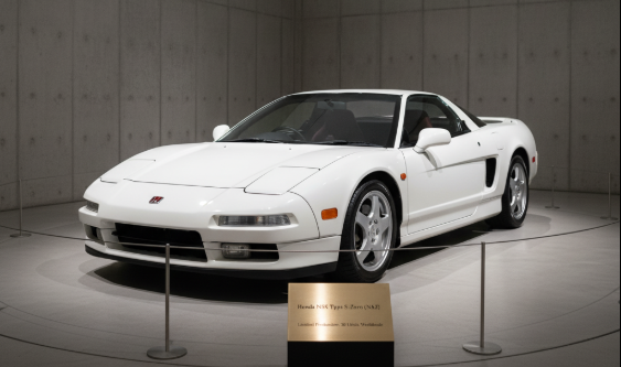 博物館のような空間に展示されているホンダNSX タイプSゼロ。その前には生産台数を示すプレートが置かれている。