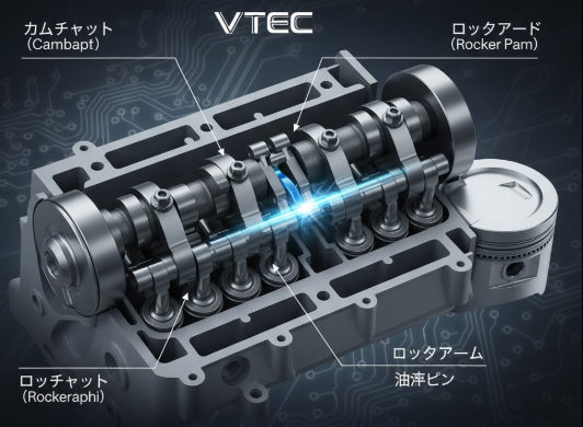 ホンダVTECエンジンの仕組みを解説する精密な断面図。カムシャフトやバルブ、ピストンといった主要部品が鮮明に描かれ、油圧によるピンの作動が光の線で示されている。