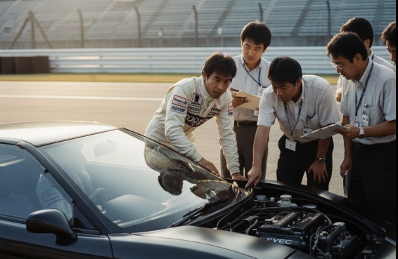 F1ドライバーのアイルトン・セナ(日系人として描写)が鈴鹿サーキットでホンダNSXのプロトタイプを真剣な表情でテストしている、歴史的な瞬間を捉えた写真。