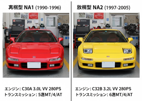 前期型NSX(NA1)と後期型NSX(NA2)を、それぞれの特徴が分かるように並べて比較している。背景のガレージが、両モデルの洗練されたデザインを際立たせている。