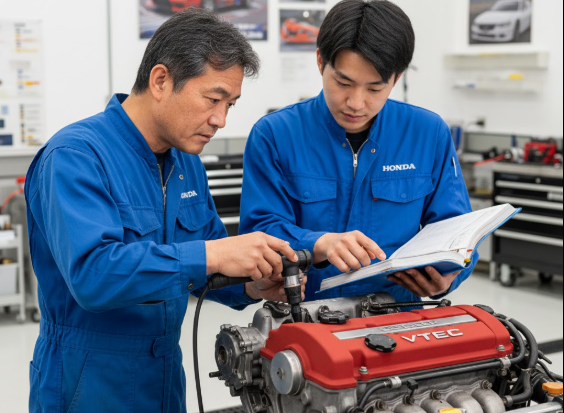 日本人のベテラン整備士が、清潔で明るい整備工場で初代NSXのエンジンを慎重に点検している。車の専門的なメンテナンスの重要性を伝える、信頼感のある画像。