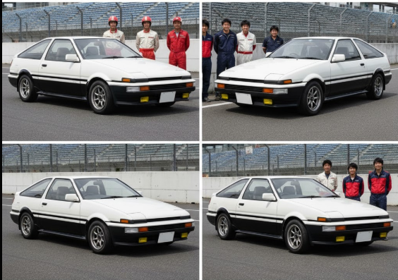 歴代AE86レビンの前期型と後期型が並べられ、その歴史と進化を象徴的に示す画像。