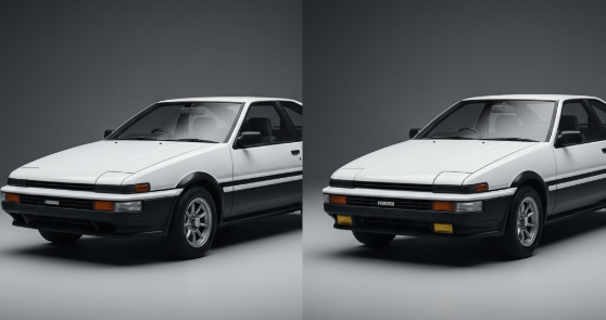 AE86レビンの前期型と後期型のフロントマスクを比較。バンパーとウインカーレンズの形状の違いが明確にわかる画像。