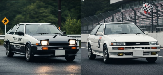AE86レビン(固定式ヘッドライト)とAE86スプリンタートレノ(リトラクタブルヘッドライト)が並び、それぞれの特徴的なフロントフェイスを比較できる画像。