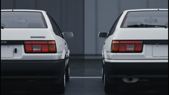 AE86レビンの前期型と後期型のテールランプを後方から比較。デザインの変更点、特にスモークテールの有無がわかる画像。