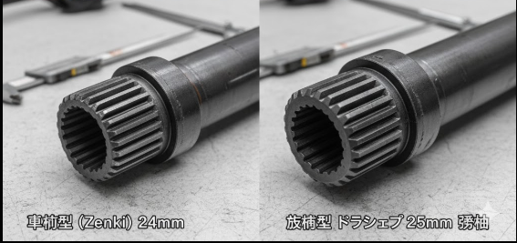 AE86の前期型と後期型で異なるドライブシャフトの太さを比較するクローズアップ画像。前期型(24mm)と後期型(25mm)のスプライン径の違いが明確にわかる。