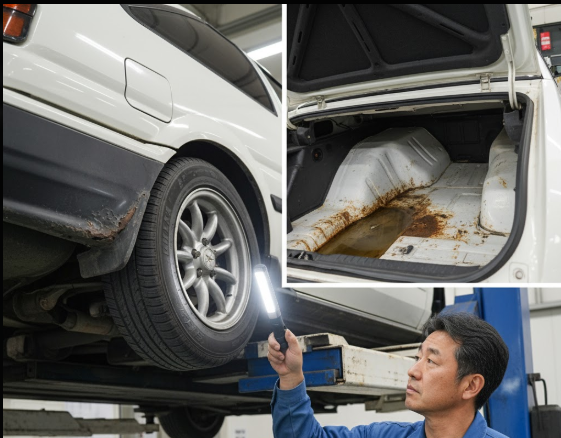 錆をチェックする整備士
