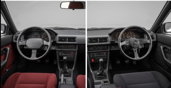 AE86レビンの前期型と後期型のコックピットを比較。内装色の違い(赤茶系とモノトーン)、ステアリング、メーターパネルのデザイン変化がわかる画像。