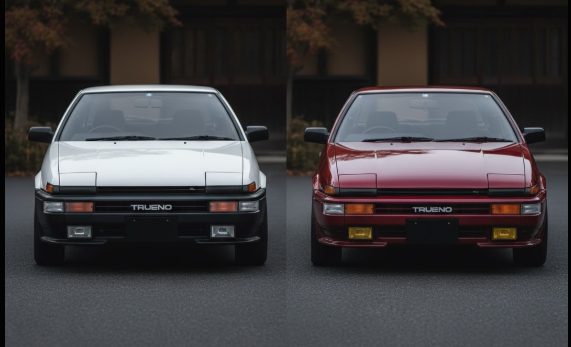 AE86型スプリンタートレノの前期型（左、白）と後期型（右、赤）が並んでおり、フロントバンパーやウインカーレンズのデザインの違いがわかる画像。