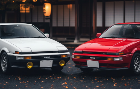 トヨタ AE86型スプリンタートレノ（リトラクタブルヘッドライト）とカローラレビン（固定式ヘッドライト）が並んでおり、それぞれのフロントマスクのデザインの違いが明確にわかる画像。
