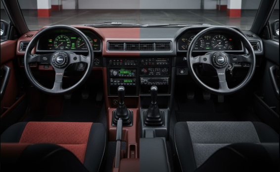 AE86型スプリンタートレノの前期型（左側、ワインレッドと黒の内装、デジタルメーター）と後期型（右側、黒とグレーの内装、アナログメーター）のインテリアを比較した画像。