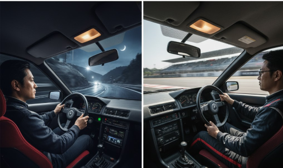 AE86型スプリンタートレノの前期型（左）で夜の峠道をドライブする男性と、後期型（右）でサーキットを走行する男性の視点からの画像。