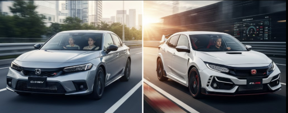 街中を走るホンダ シビック e:HEVとサーキットを走行するシビック タイプR。二つの異なるシビックのイメージを対比。