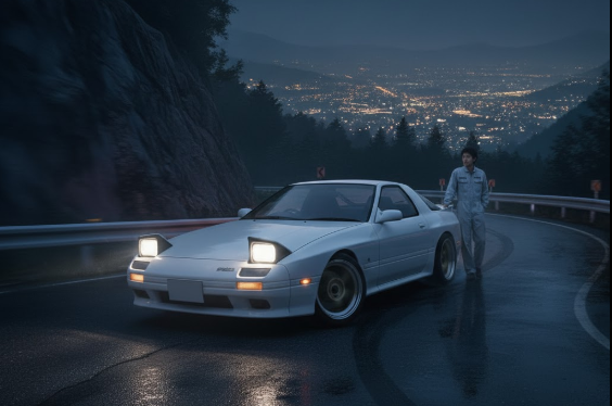 夜の峠道に停車している白いマツダRX-7 FC3Sの隣に、白いレーシングスーツを着た日本人男性（高橋涼介をイメージ）が立っている。路面は濡れており、街の夜景が遠くに見える。