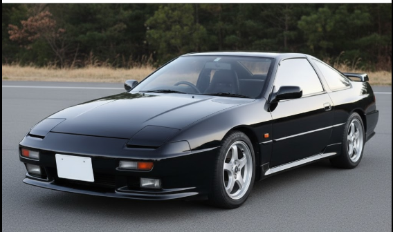 晴れた日の屋外駐車場に停められた、光沢のある黒いFC3S型マツダRX-7。リトラクタブルライトは閉じており、洗練されたスポーツカーデザインが強調されている。