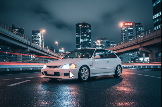 夜の都市高速道路に停車している白いホンダ・シビックEK9。背景には光の軌跡と高層ビルが写っている。