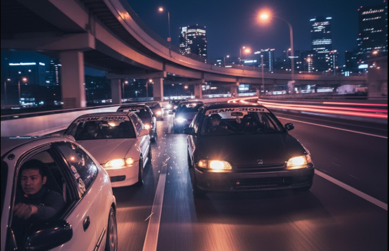 夜の阪神高速環状線を走行する複数の改造されたホンダ・シビック。車内には日本人男性ドライバーが運転している。