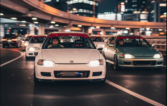 夜の大阪の高速道路を走る複数のホンダ・シビックEG6。車内には日本人男性ドライバーが運転している。