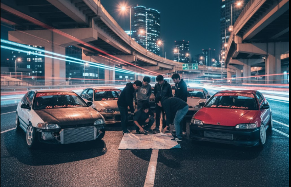 夜の大阪高速道路上で、数台のホンダ・シビックEF/EGと、地図を囲んで戦略を練る日本人男性たち。