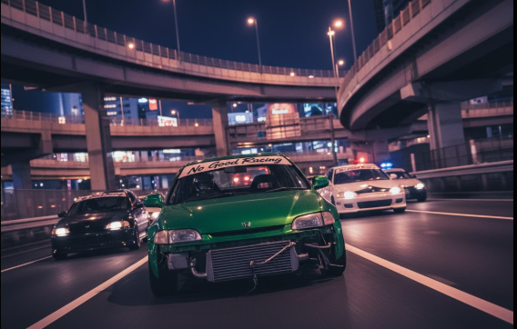 夜の大阪の高速道路で、緑色のホンダ・シビックEG6がパトカーに追われている様子。