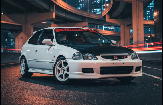 夜の大阪高速道路のジャンクションに停車している、白いホンダ・シビックタイプR EK9。カーボンボンネットと白いホイールが特徴的。