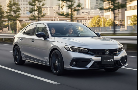 都市の高速道路を爽やかに走行するホンダ シビック e:HEV。車内にはリラックスした表情の日本人カップル。