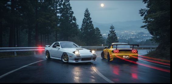 雨上がりの峠道で、白いFC3S型マツダRX-7と黄色のFD3S型マツダRX-7が並び立つ。月明かりが差し込み、遠景には街の夜景が見える。