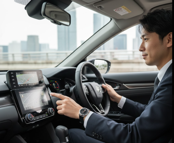 ホンダ シビックのモダンなコックピットで、ナビゲーションシステムを操作するビジネススーツ姿の日本人男性。