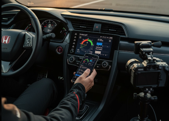 ホンダ シビック タイプRの運転席から見た視点。レーシンググローブを装着したドライバーがステアリングを握り、サーキットを走行中。