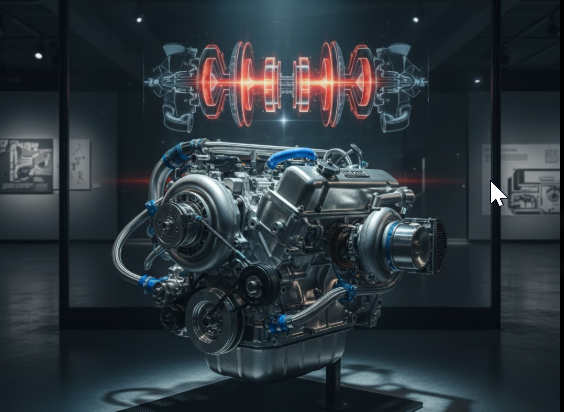 最新の展示室に置かれたマツダ13B型ロータリーターボエンジン。エンジン後方の透明スクリーンには、ロータリーエンジンの内部構造が図示されている。