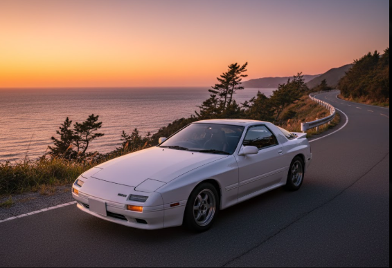 夕暮れの海岸線を背景に、美しい白いマツダRX-7 FC3Sがワインディングロードに停車している様子。