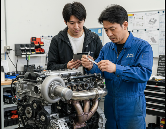 整備工場で、青い作業服を着た熟練の日本人メカニックが、露出したロータリーエンジンを若手の日本人エンジニアに説明している。