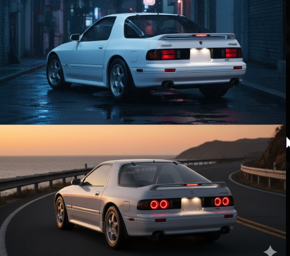 上段に角型テールランプのFC3S前期型、下段に丸型3灯テールランプのFC3S後期型が並べて表示された比較画像。