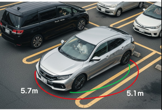 駐車場のホンダ シビック。最小回転半径5.7mの図解が重ねられ、小回りの効きにくさを視覚的に表現。
