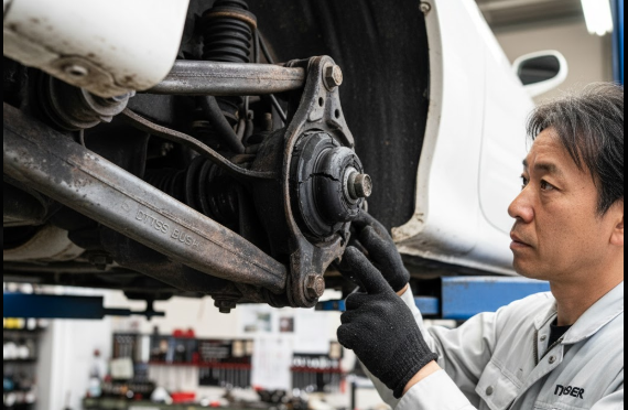 自動車整備工場で、リフトアップされた白いRX-7のリアサスペンションを真剣な表情で点検するベテランの日本人整備士。DTSSブッシュの劣化を確認している。