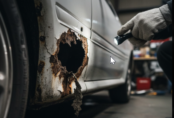 整備士が懐中電灯で自動車のサイドシルのひどい錆びた穴を点検している様子。