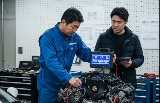 整備工場で、日本人メカニックがロータリーエンジンの圧縮を測定し、その数値をデジタルディスプレイで日本人顧客に説明している。