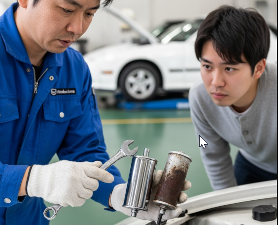 日本人メカニックが、新品の燃料フィルターと古い錆びた燃料フィルターを比較しながら、日本人顧客に燃料系メンテナンスの重要性を説明している。