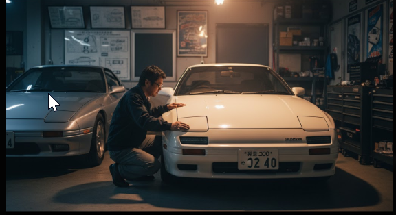 ガレージで、日本人の男性が大切にしている白いマツダRX-7 FC3Sのボンネットを優しくなでている様子。