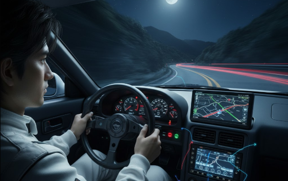 満月の夜、峠道をドリフトしながら駆け抜ける白いマツダRX-7 FC3S。運転席には冷静な表情の日本人男性（高橋涼介をイメージ）がハンドルを握っている。