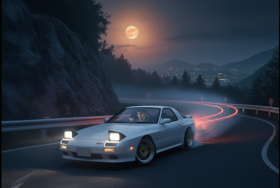 満月の夜、峠道をドリフトしながら駆け抜ける白いマツダRX-7 FC3S。ヘッドライトが光り、後輪からは煙が上がり、テールランプの残光が軌跡を描いている。